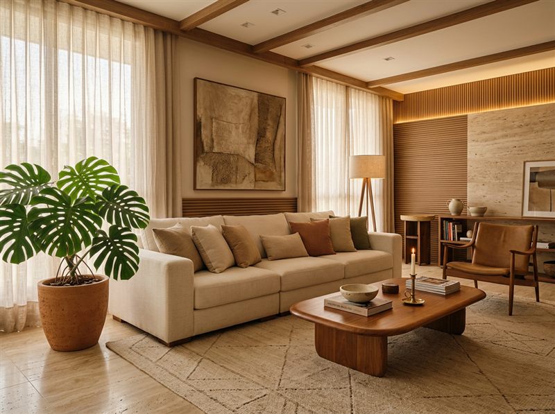 Sala de estar com decoração em tons neutros e madeira, exemplo de design de interiores